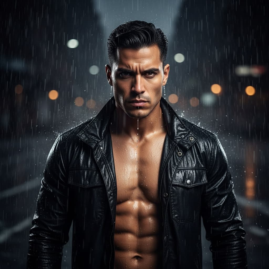 athletic latino man rain soaked action scene 33061449