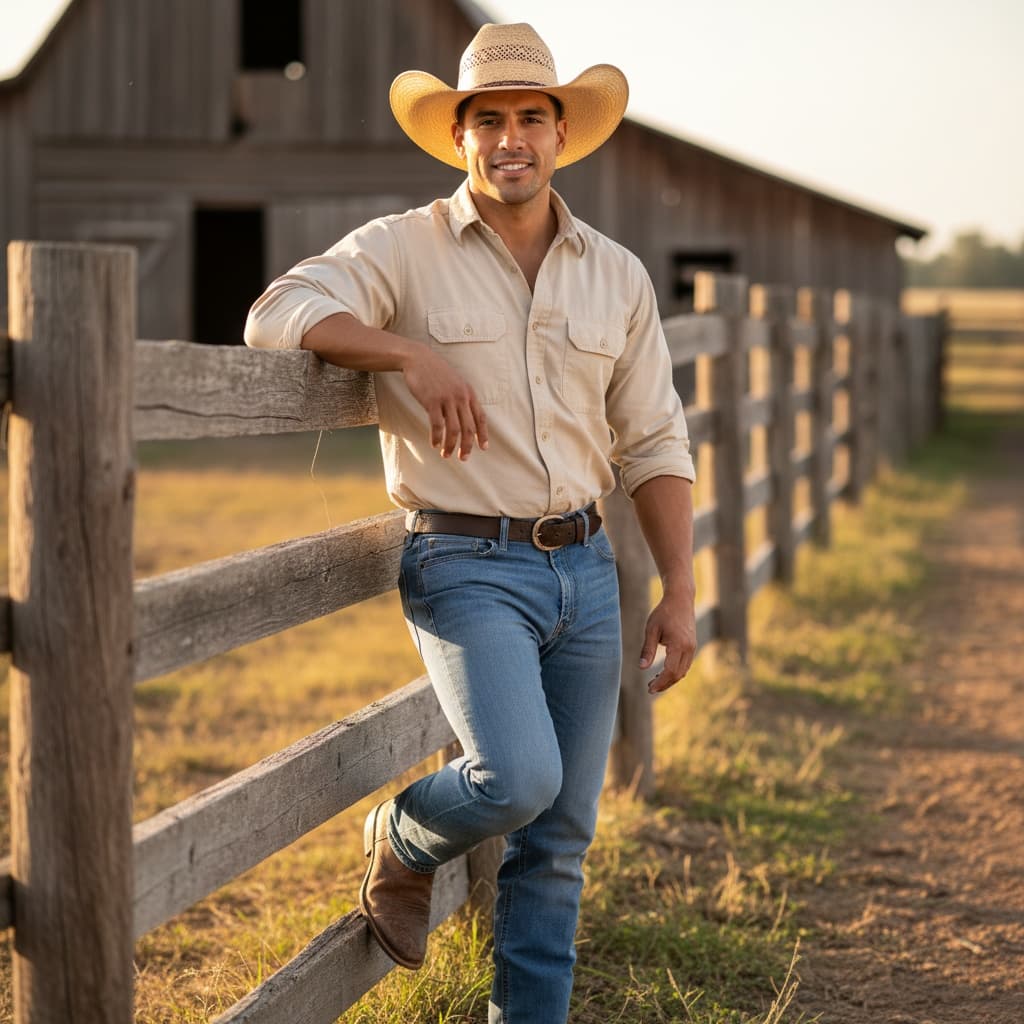 athletic latino man ranch fence leaning 40002745