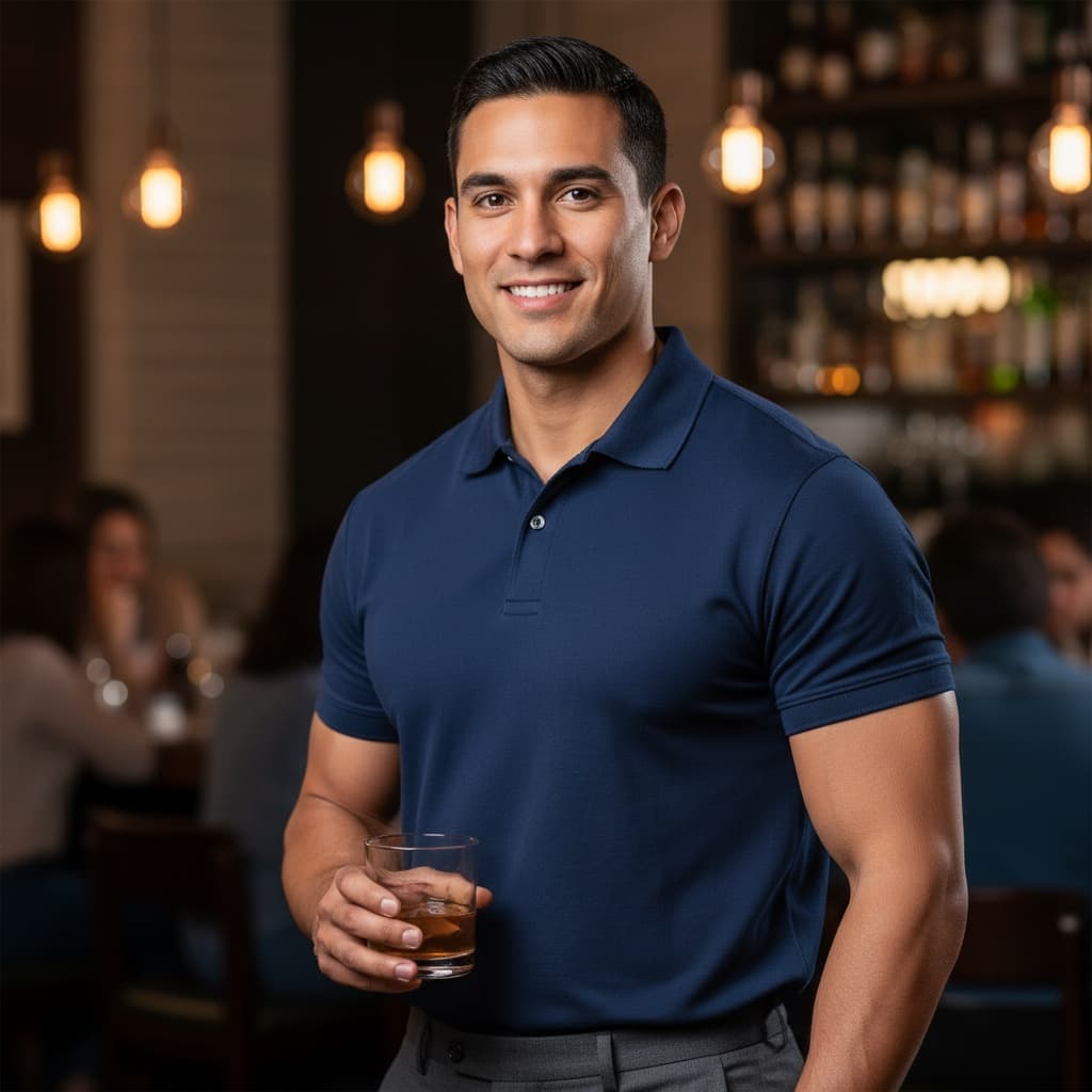 athletic latino man restaurant bar social setting 63485060