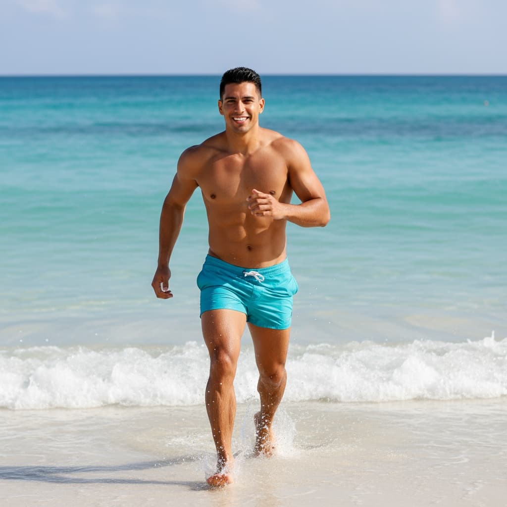athletic latino man running through water 65608451