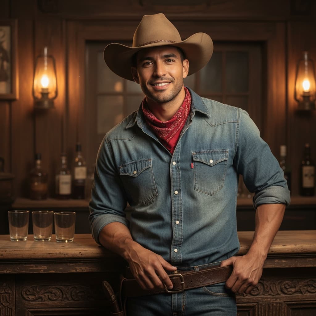 athletic latino man saloon leaning bar 47865849