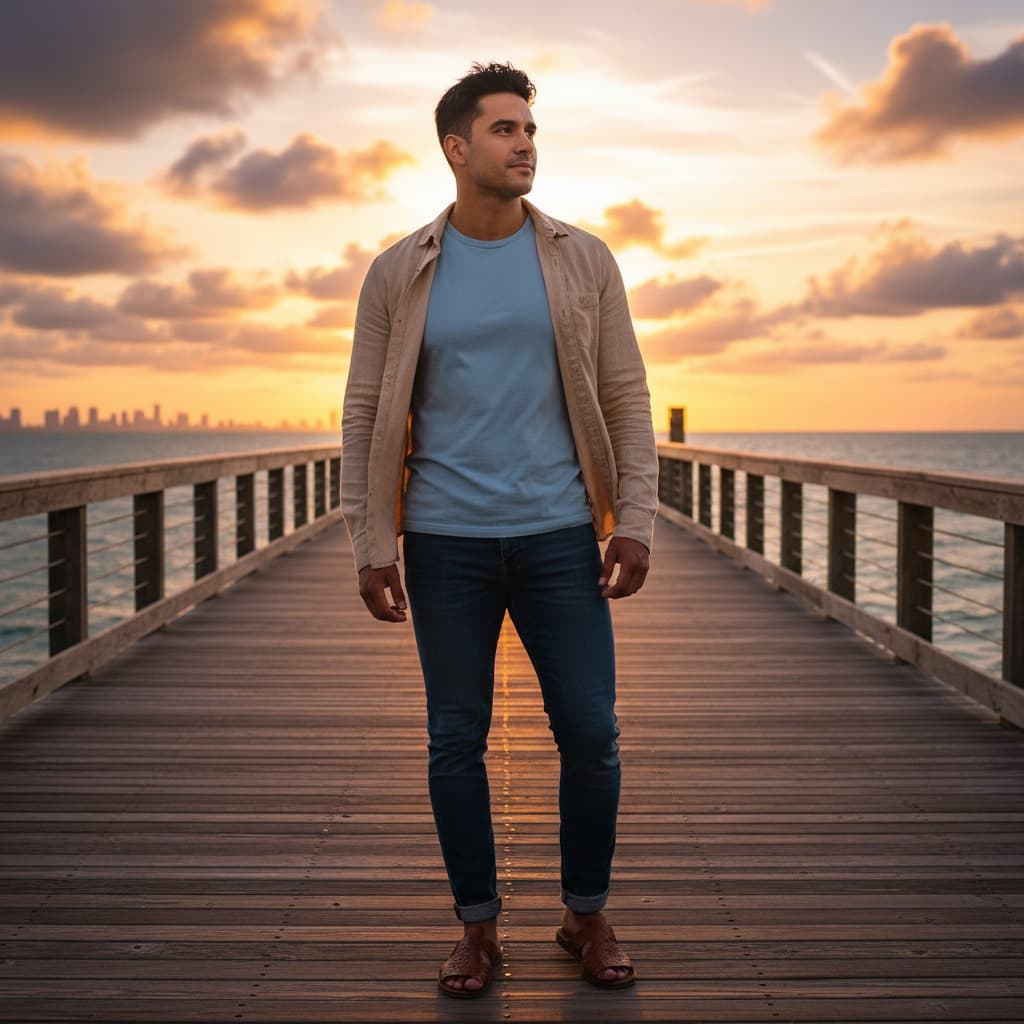 athletic latino man south pointe pier sunset 26605478