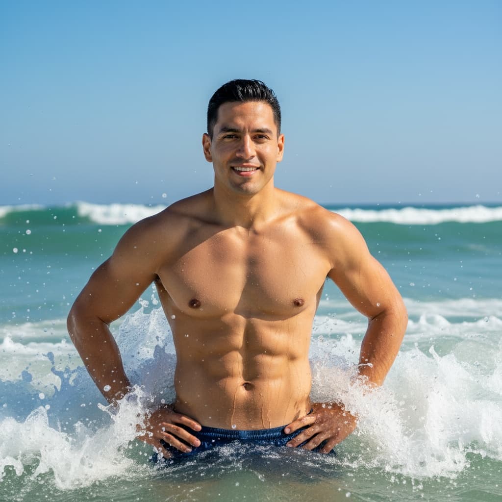 athletic latino man standing in ocean waves 97905514