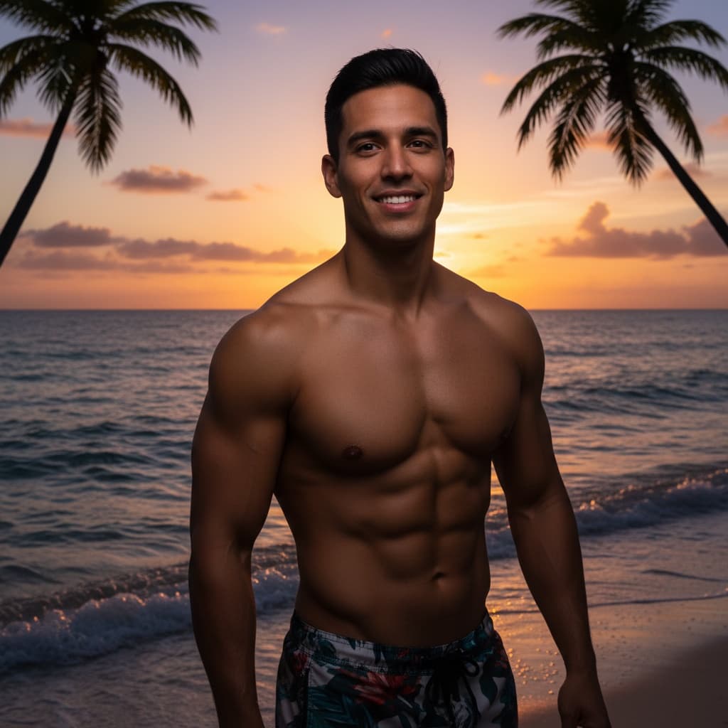 athletic latino man sunset silhouette water edge 23132616