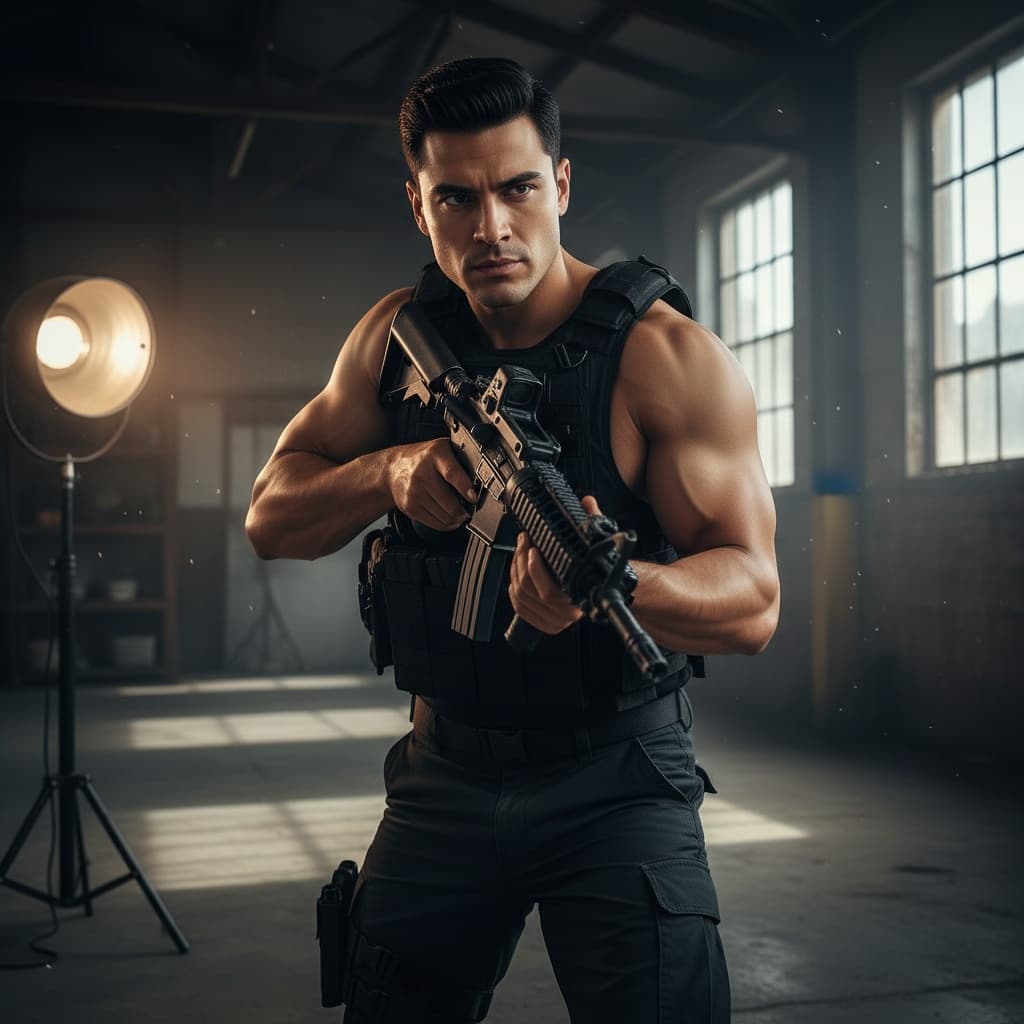 athletic latino man tactical gear ready for action 76074335