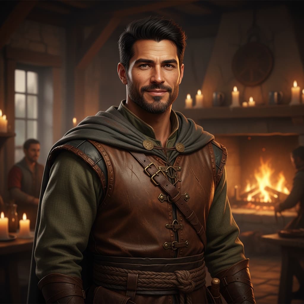 athletic latino man tavern adventurer closeup 73390453