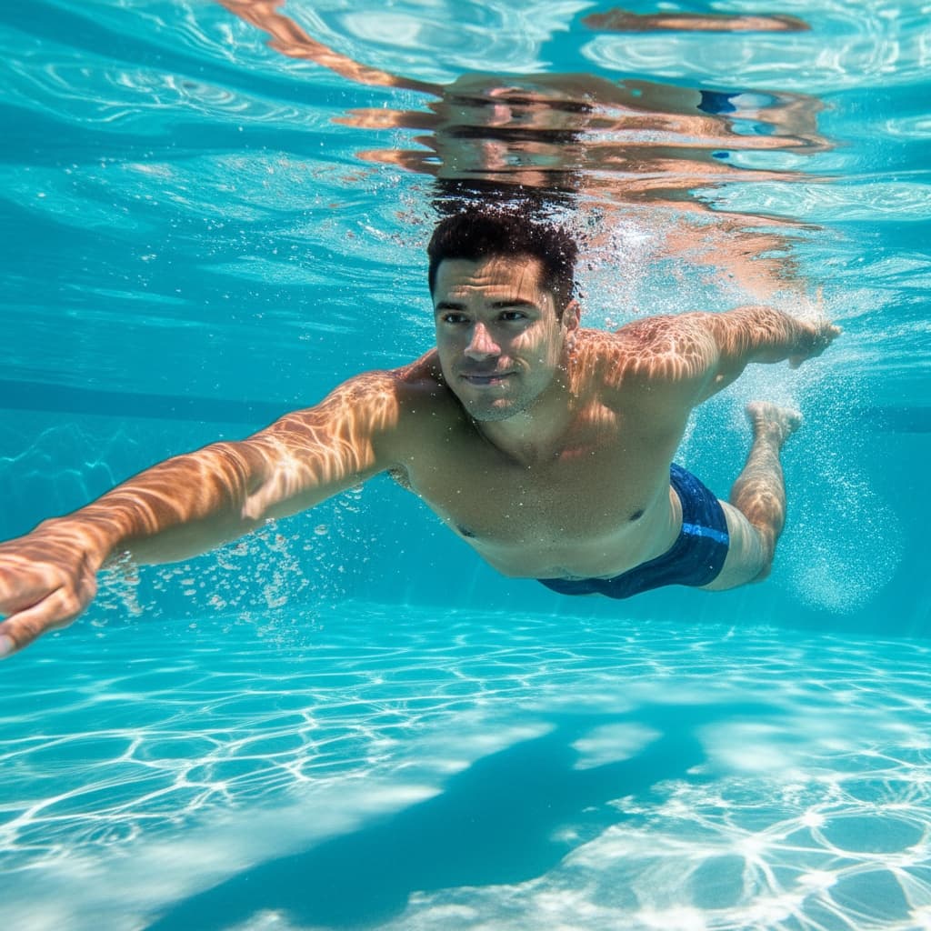 athletic latino man underwater swimming pool 48748620