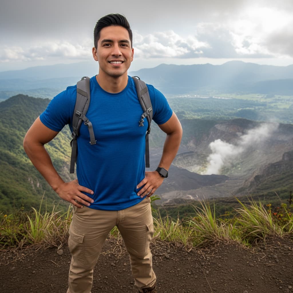 athletic latino man volcano hiking overlook 89910001