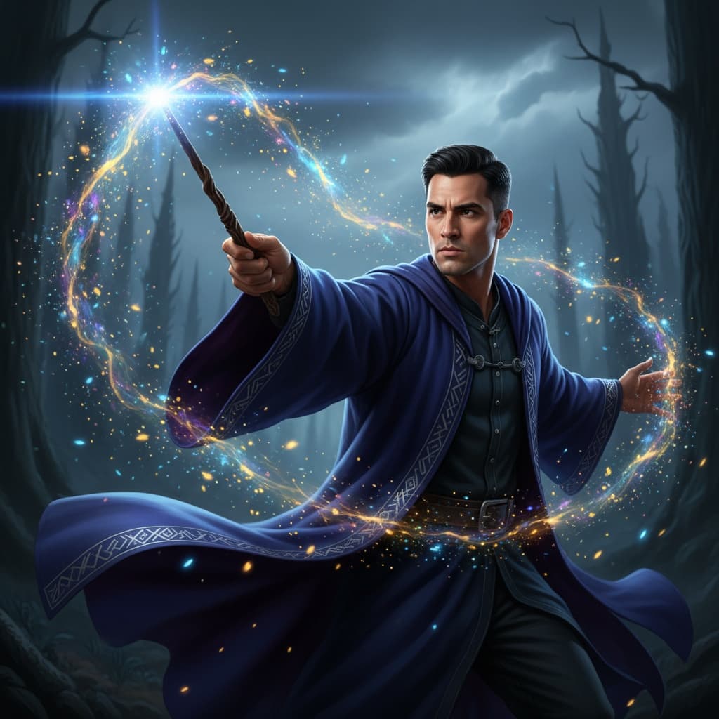 athletic latino man wand casting spell 73289417