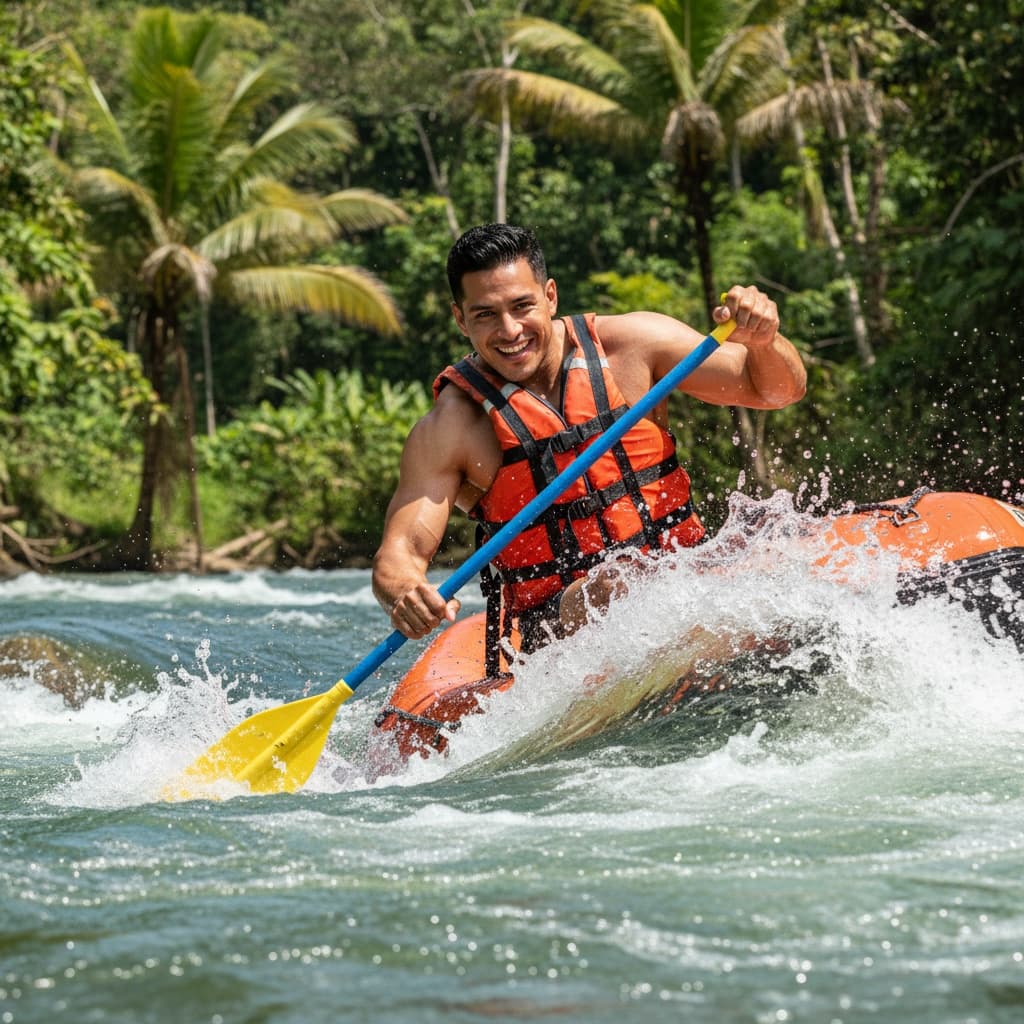 athletic latino man whitewater rafting action 77655740
