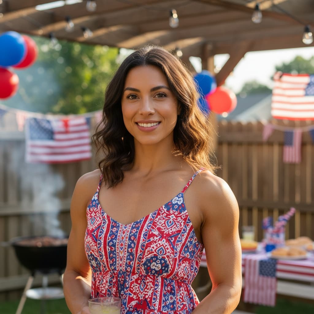 athletic latino woman backyard bbq celebration 30105792