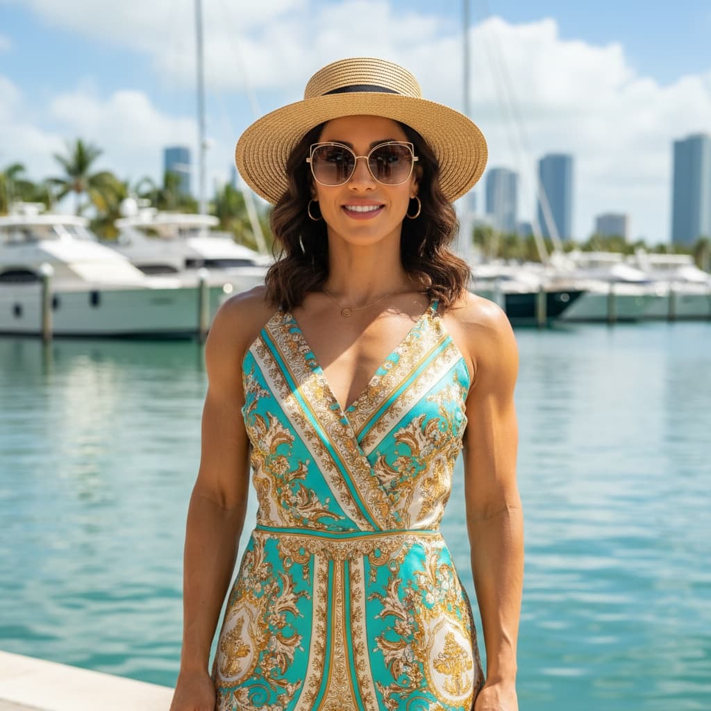 athletic latino woman bayside marina boats 83223537