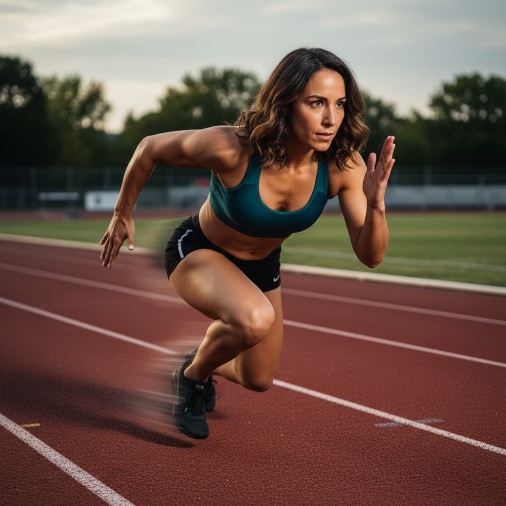 athletic latino woman explosive sprint start 79590702