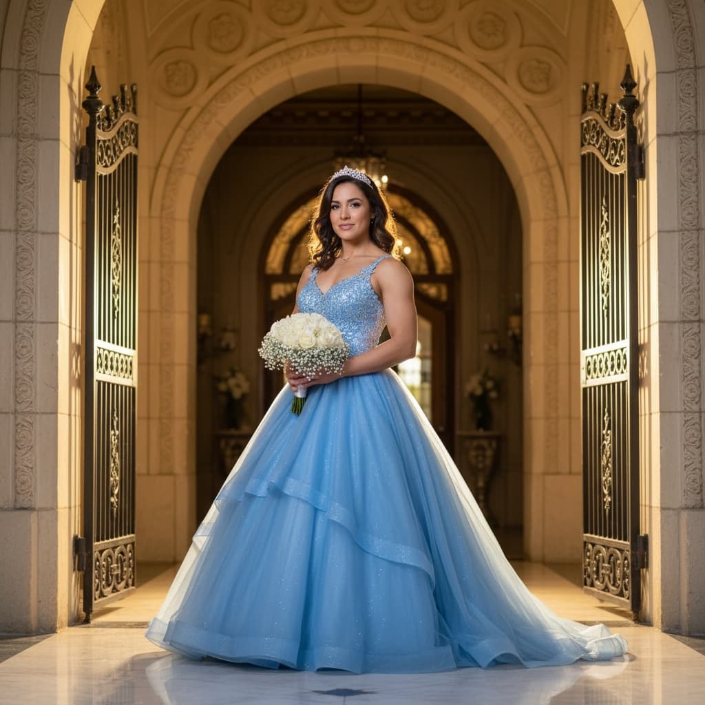 athletic latino woman formal venue entrance 61741591