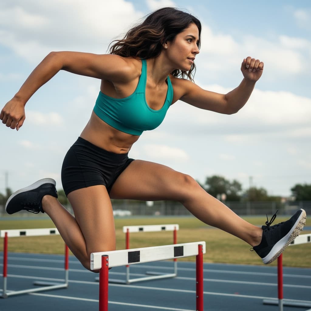 athletic latino woman hurdle training form 63836960