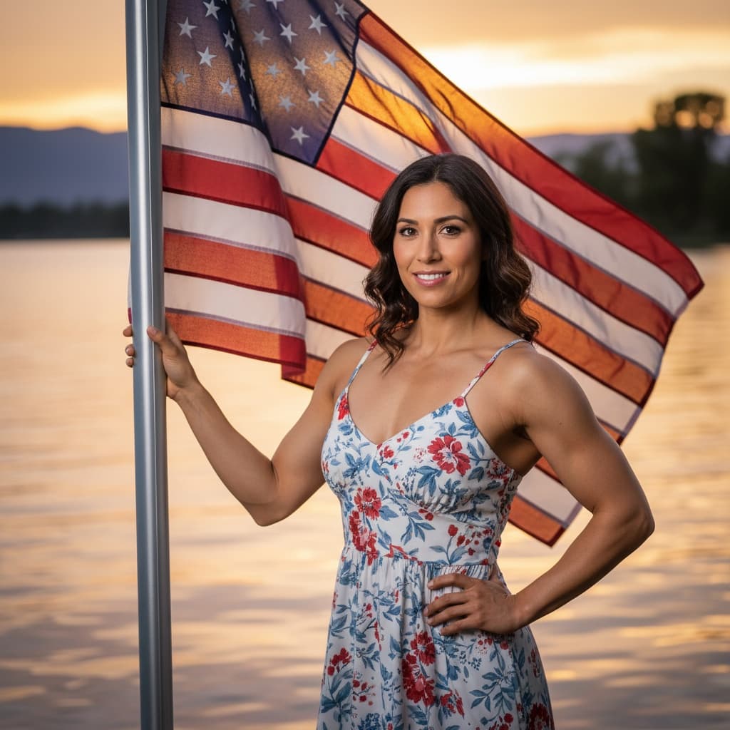 athletic latino woman lakeside patriotic sunset 29341983
