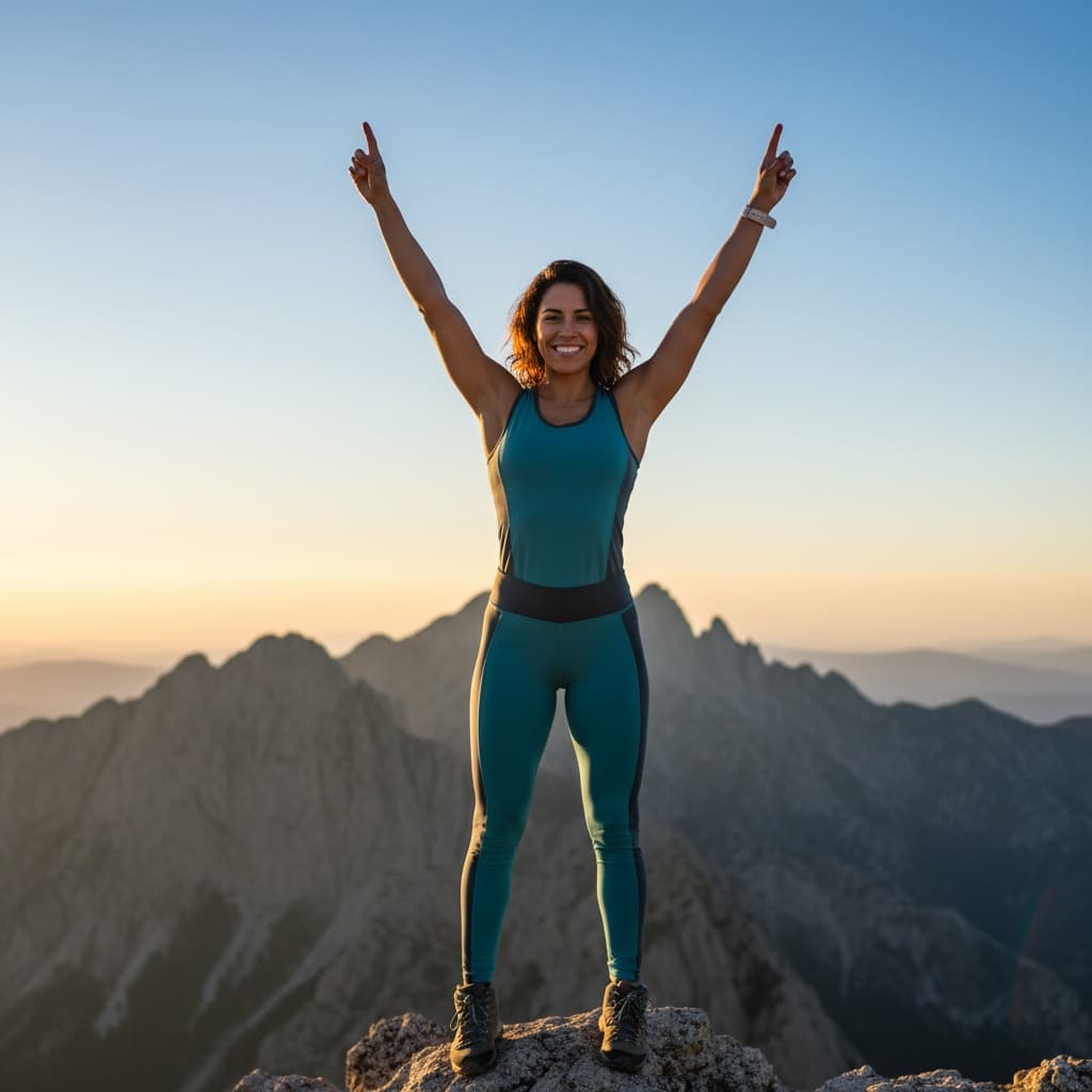 athletic latino woman mountain summit victory 54090200