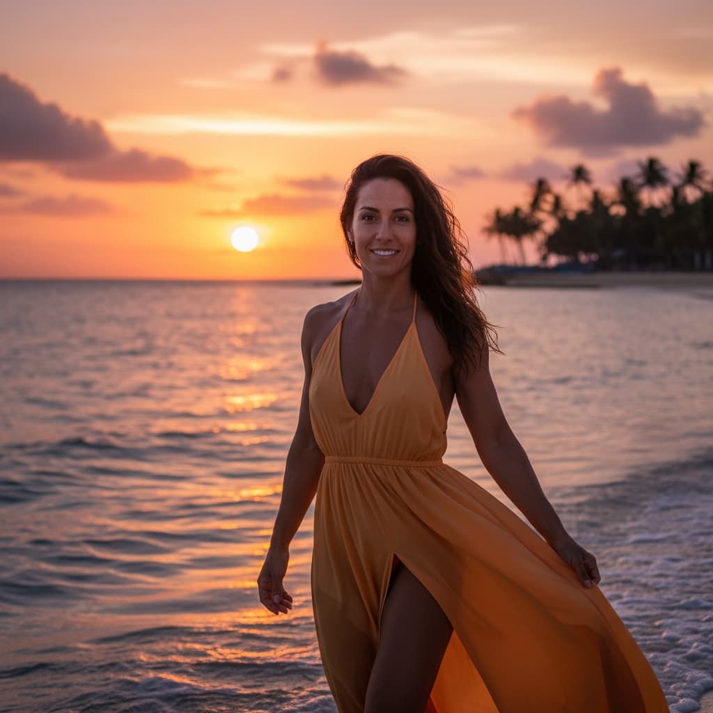 athletic latino woman sunset silhouette water edge 64149362