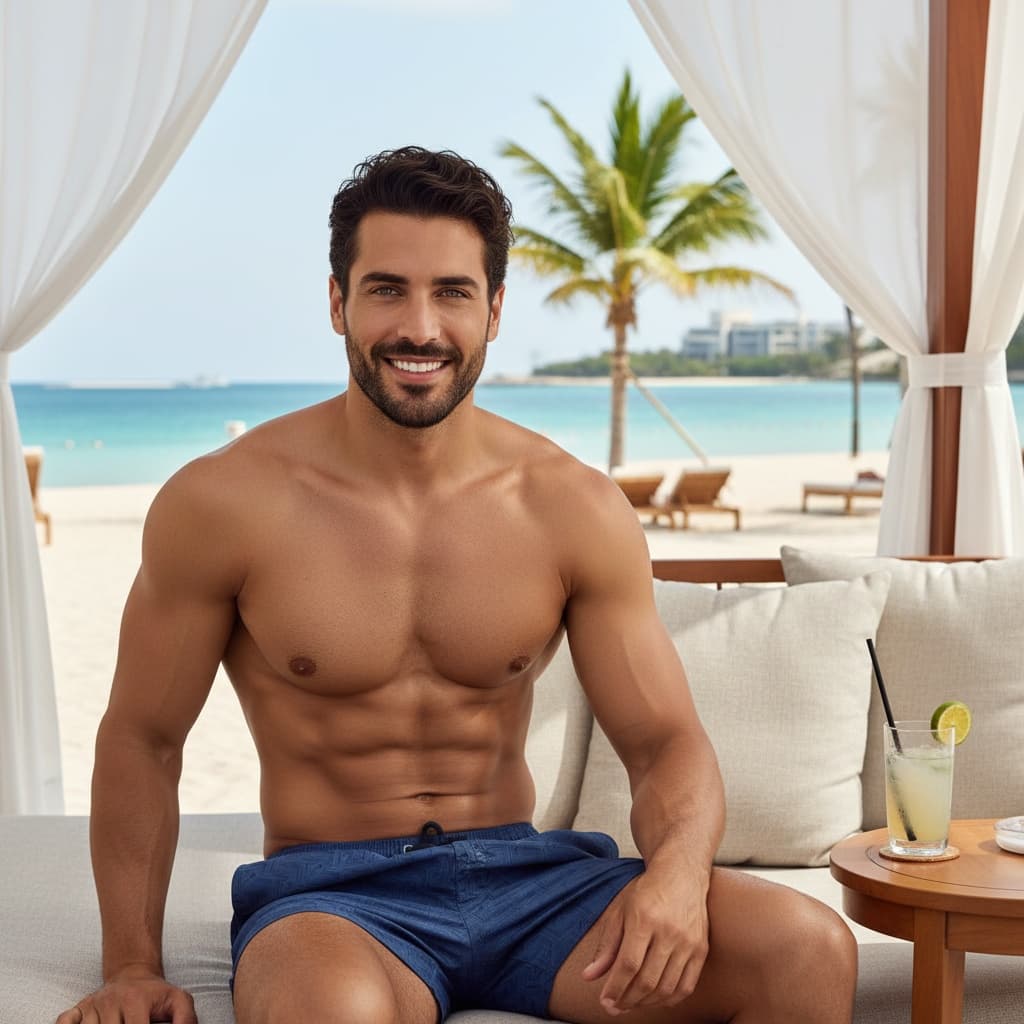 athletic middle_eastern man beachside cabana shade 43702364