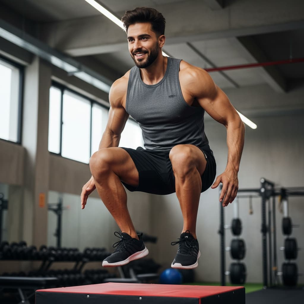 athletic middle_eastern man box jump mid air 74481342