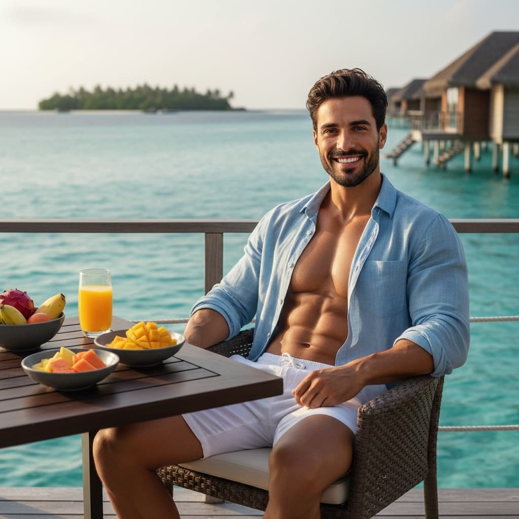 athletic middle_eastern man bungalow deck breakfast 61965312