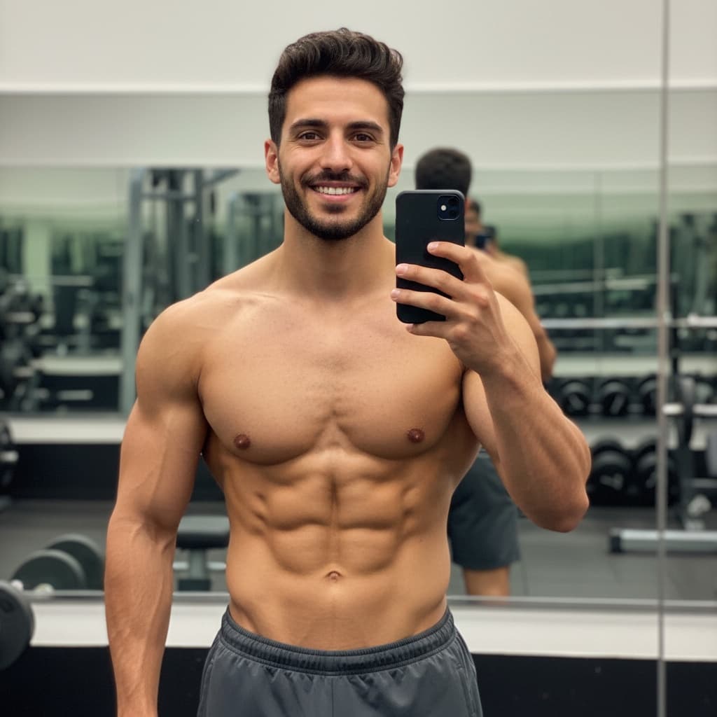 athletic middle_eastern man gym mirror selfie style 83173633