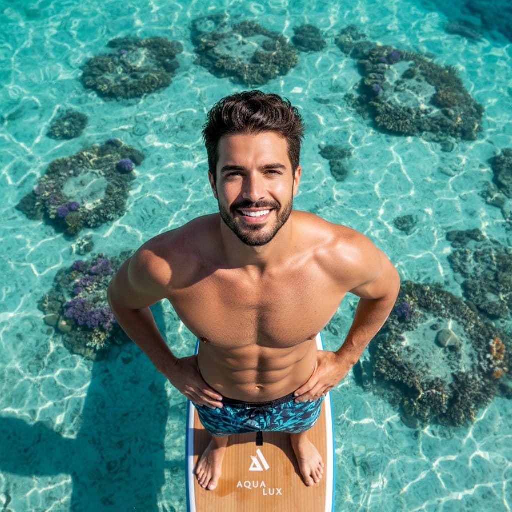 athletic middle_eastern man lagoon aerial view 32706302