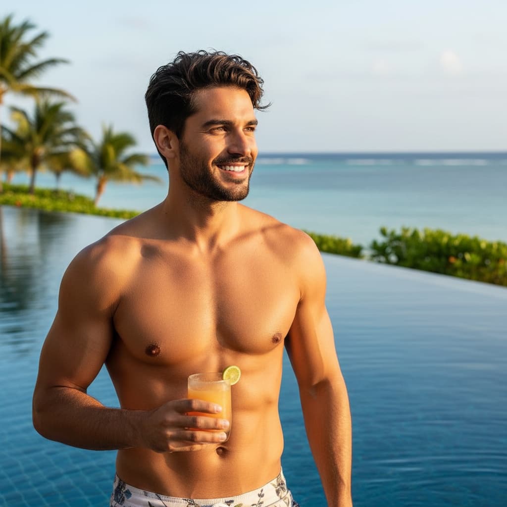 athletic middle_eastern man resort infinity pool 33471941