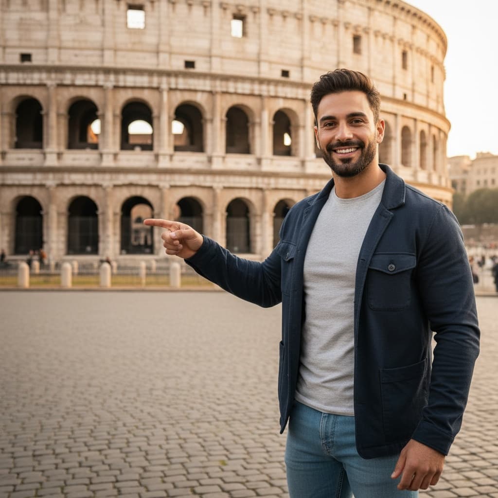 athletic middle_eastern man rome colosseum tourist 89209055