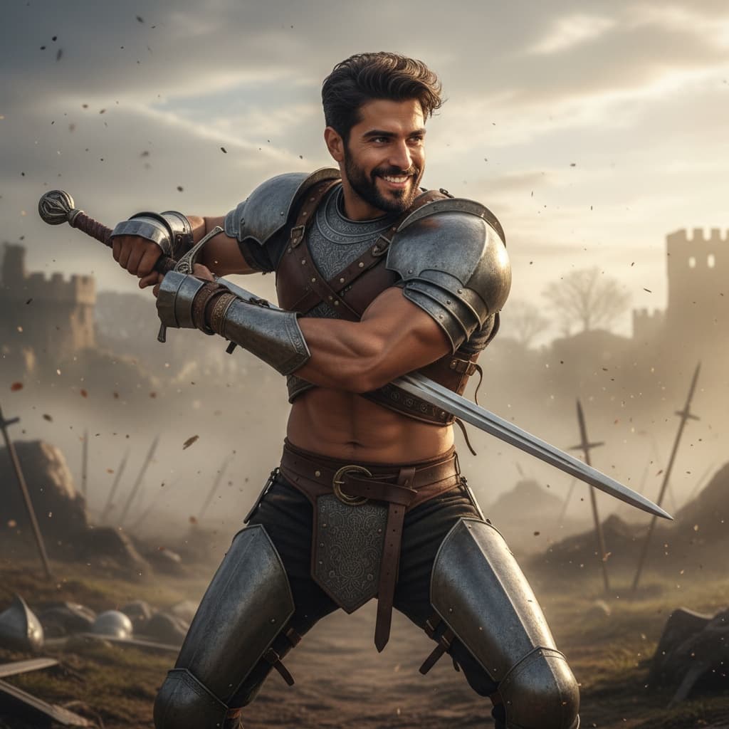 athletic middle_eastern man sword combat ready pose 67404935