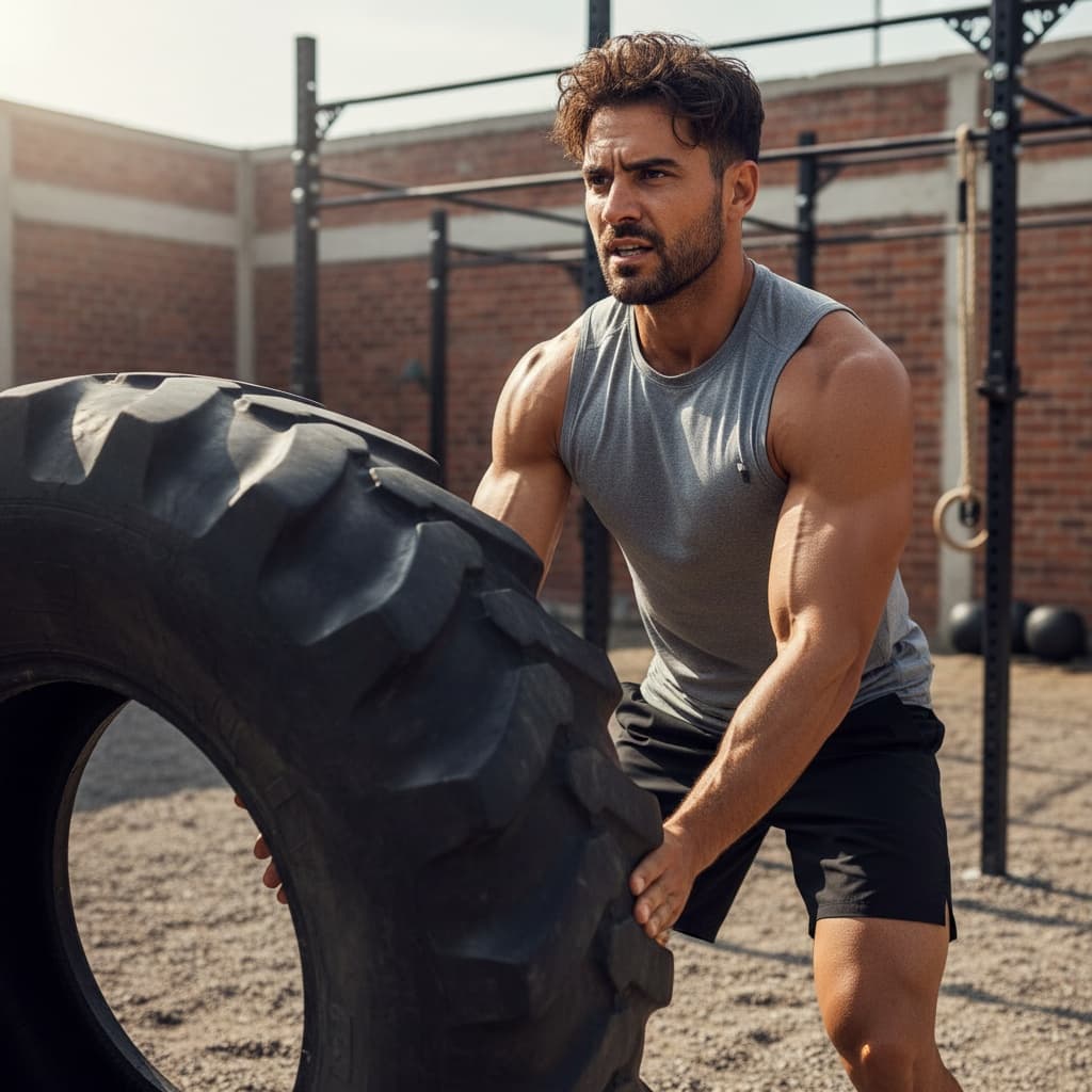athletic middle_eastern man tire flip raw power 50246507