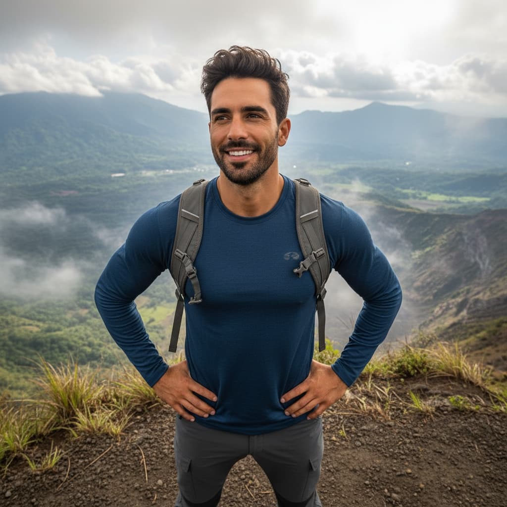 athletic middle_eastern man volcano hiking overlook 96671240