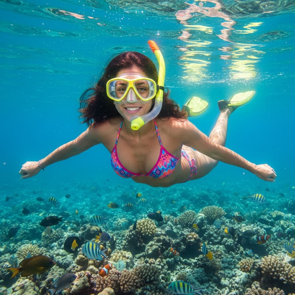 athletic middle_eastern woman snorkeling coral reef 22240888