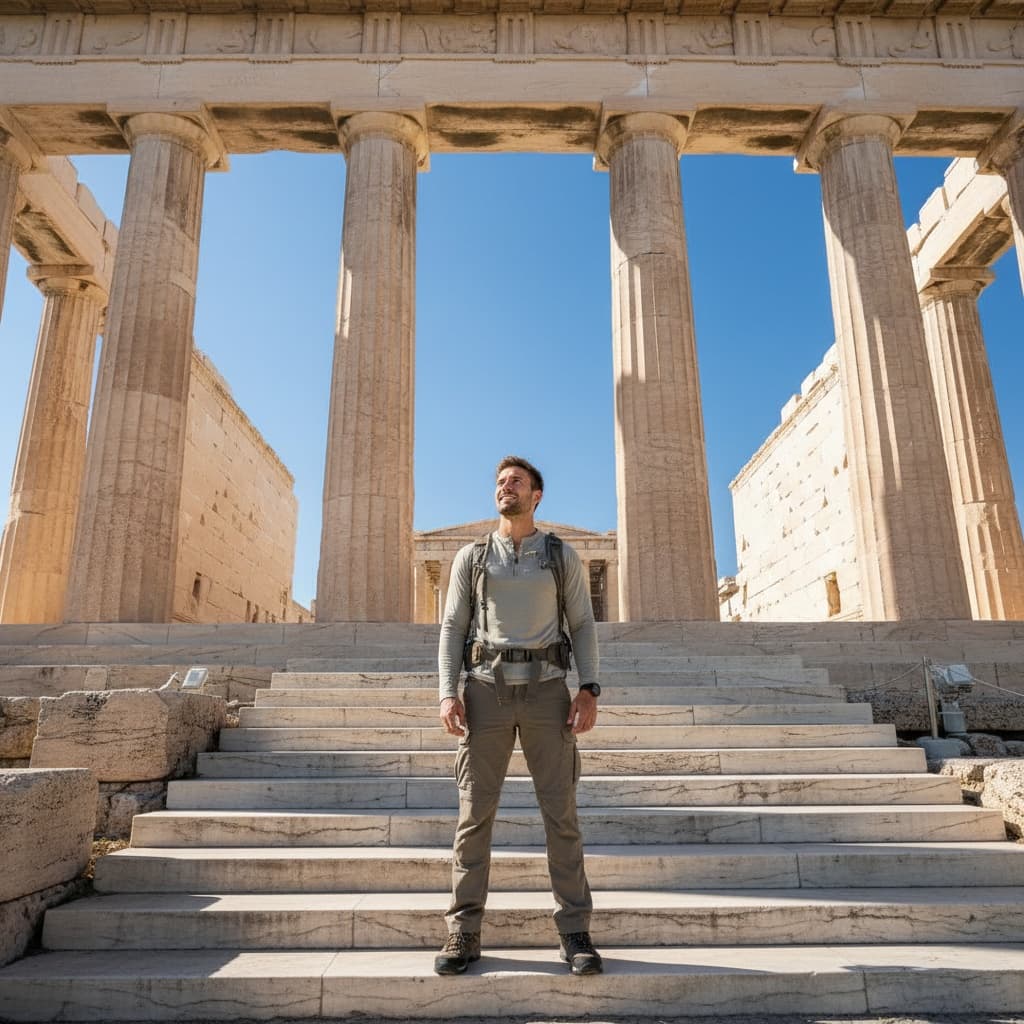 athletic white man acropolis entrance propylaea 63750407