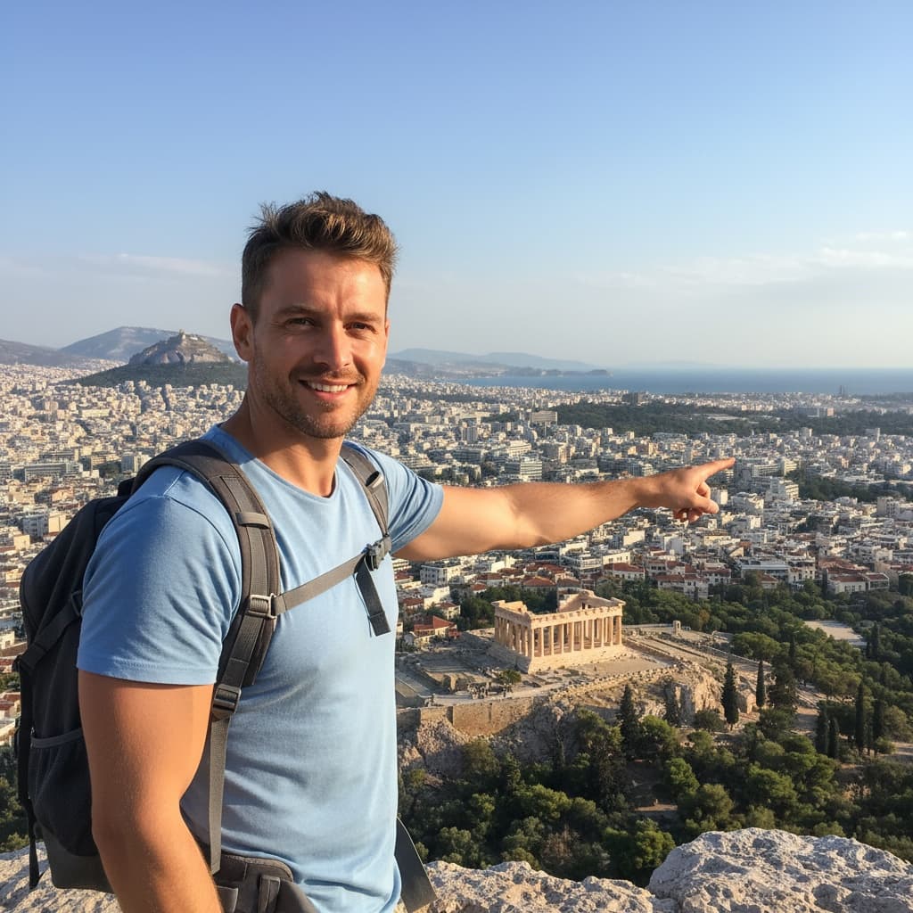 athletic white man acropolis overlook city view 77922368