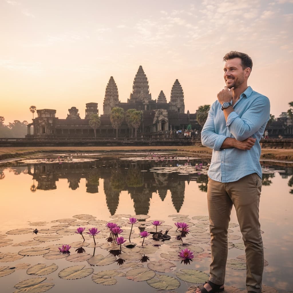 athletic white man angkor wat reflection pool 89610308