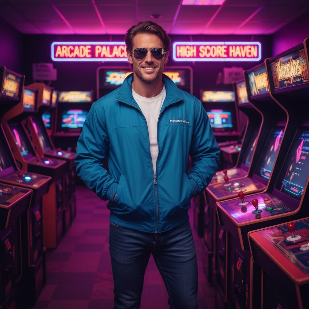 athletic white man arcade gaming atmosphere 12036685