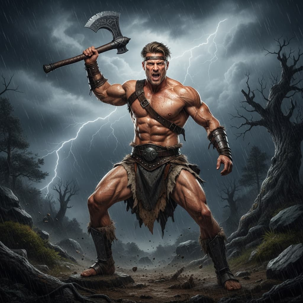 athletic white man barbarian warrior action 78618182