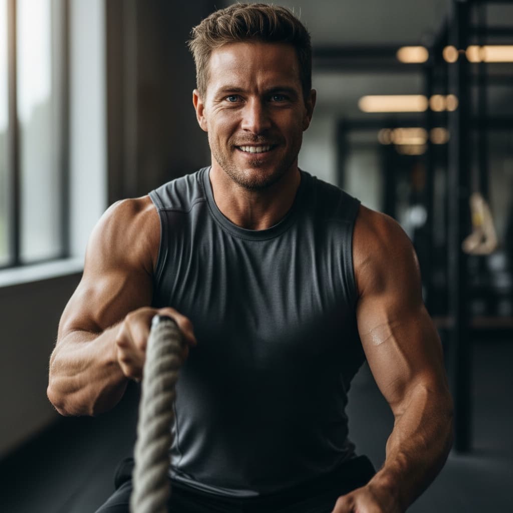 athletic white man battle ropes intensity closeup 96978298