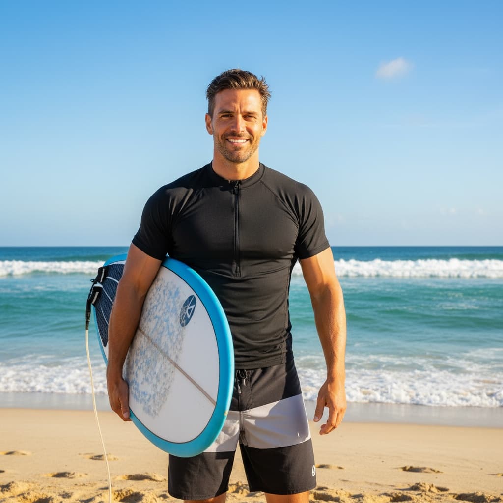 athletic white man beach surfboard active 93582201