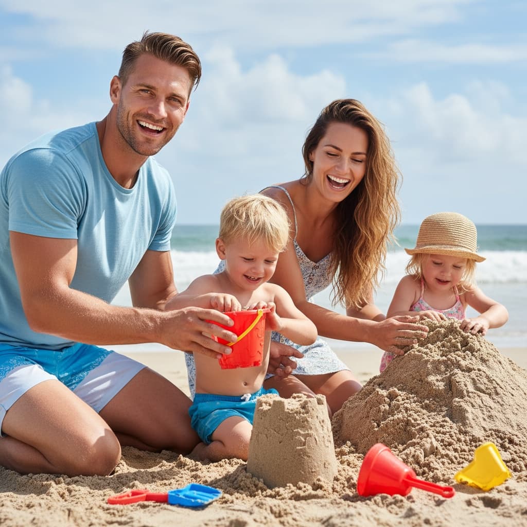 athletic white man building sandcastle playful 82003697