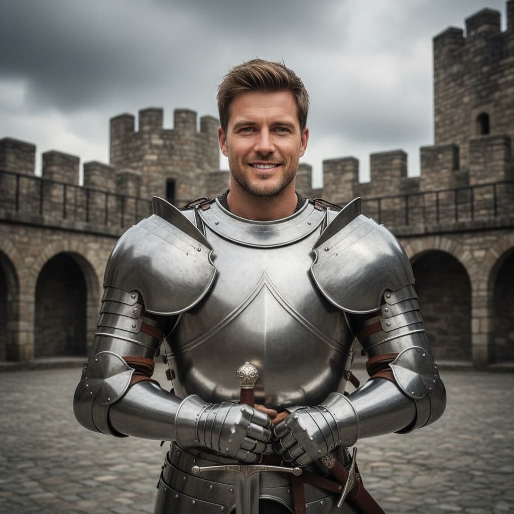 athletic white man castle courtyard full armor 20320960
