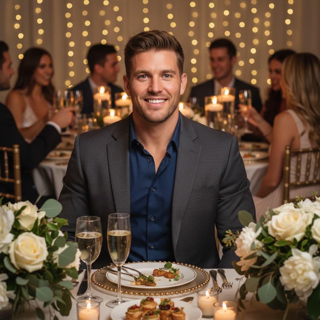 athletic white man champagne table setting 65414157