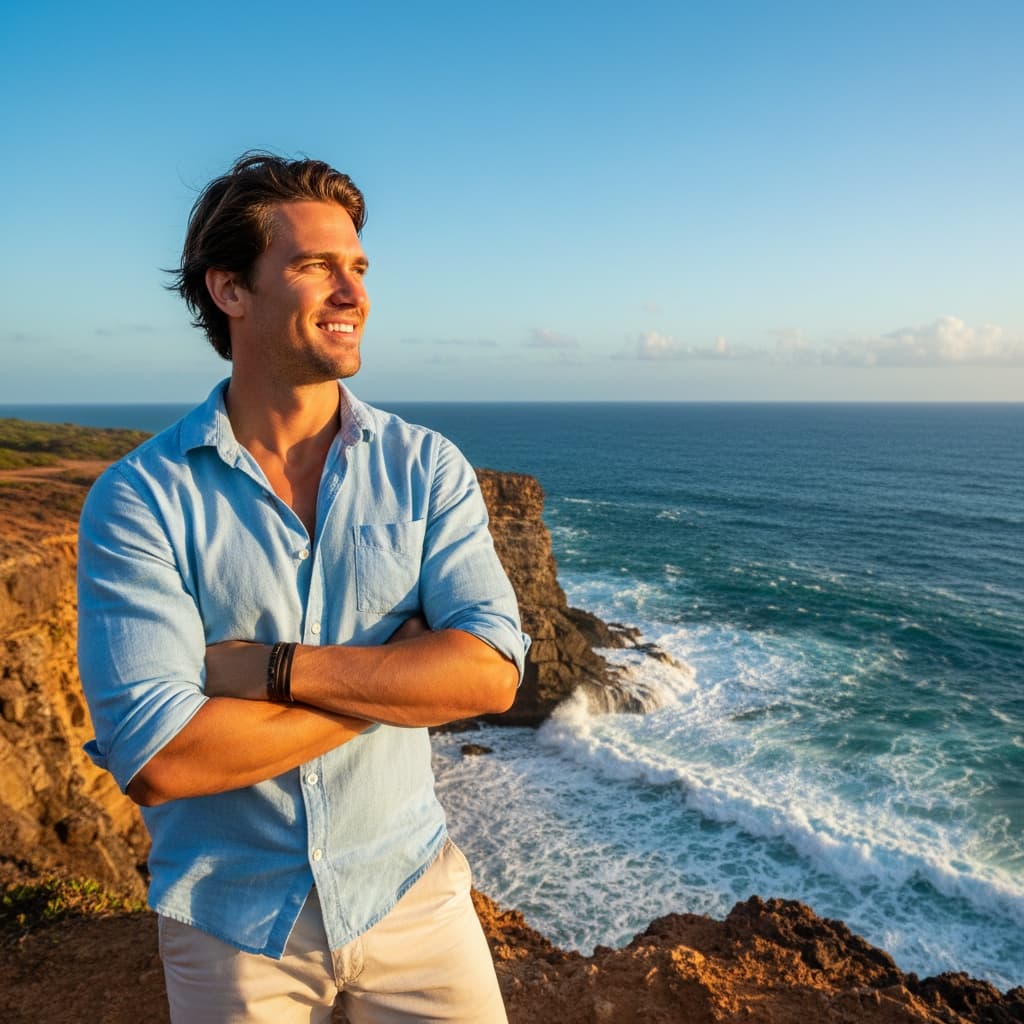 athletic white man cliff ocean overlook 68950816