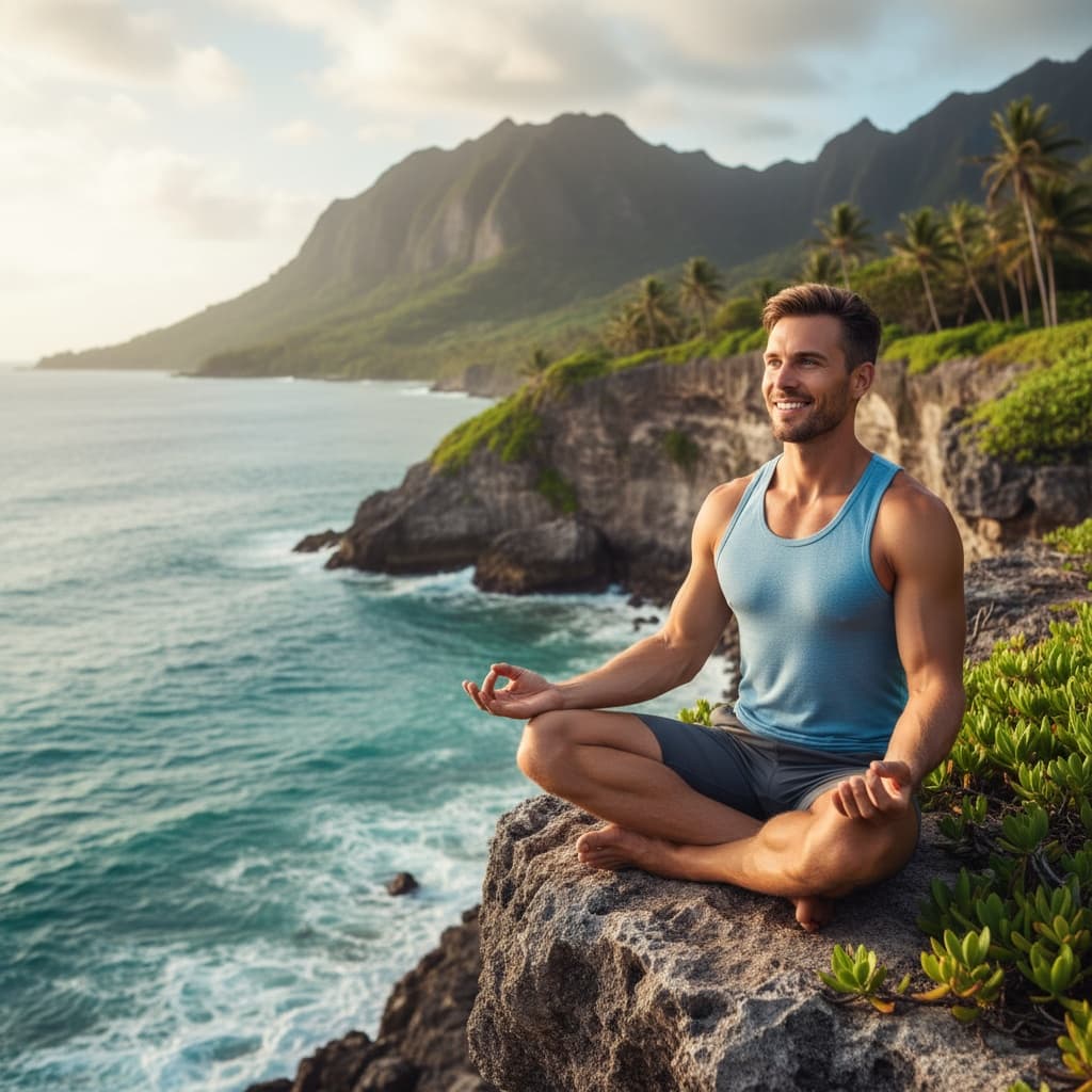 athletic white man cliff overlook meditation 62648256