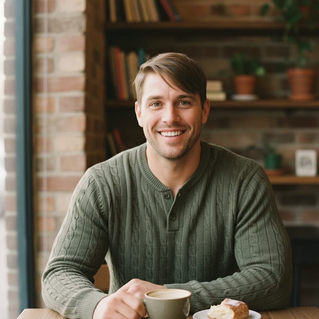 athletic white man coffee shop casual wholesome 67541845