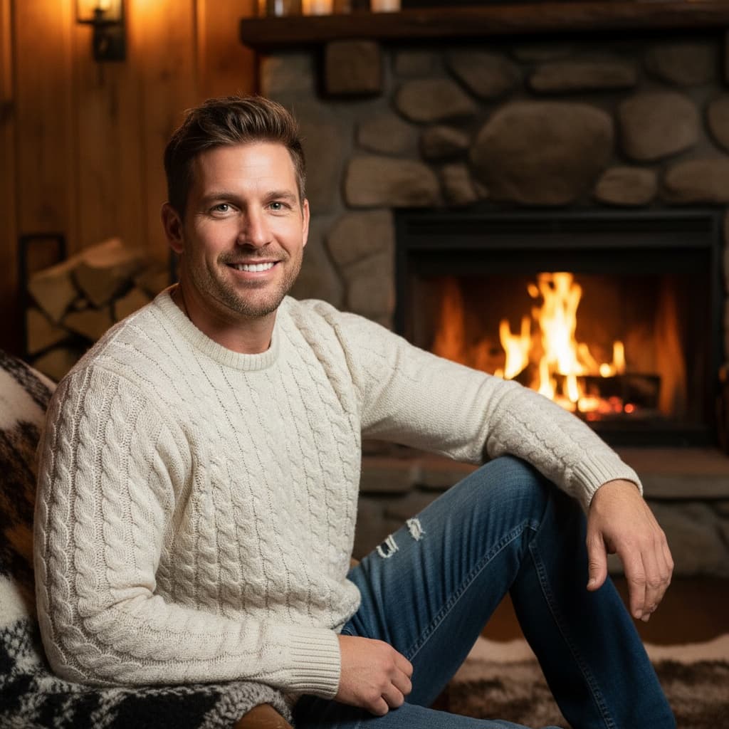 athletic white man cozy cabin interior 49286230