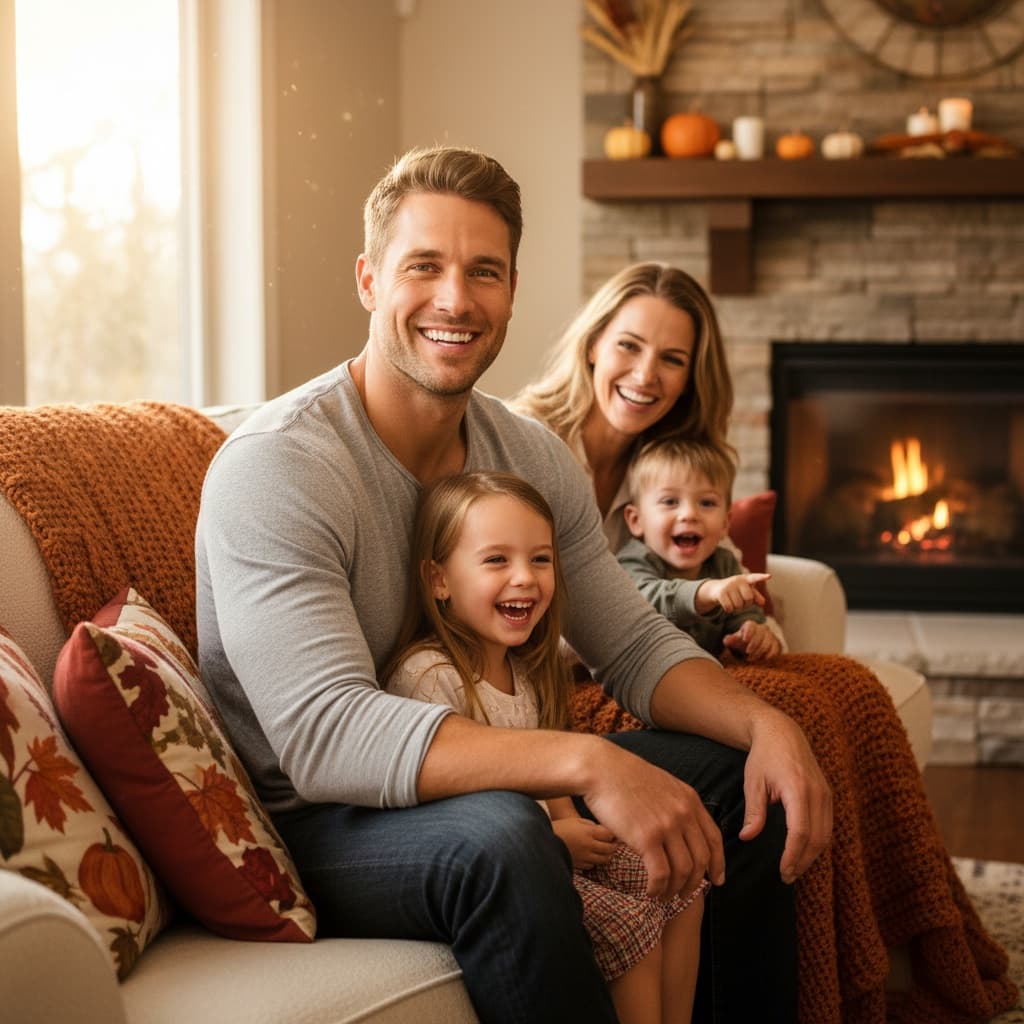 athletic white man cozy living room gratitude 48650390