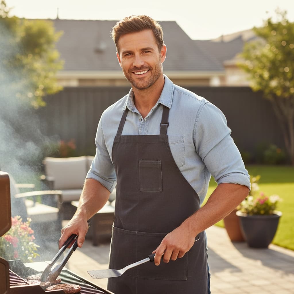 athletic white man dad grilling backyard 61064164