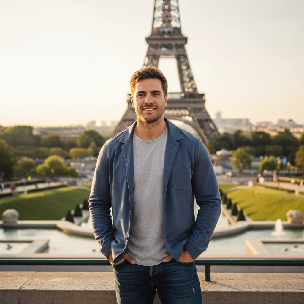athletic white man eiffel tower golden hour 46012211